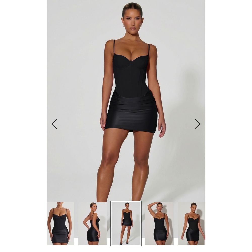 Oh Polly Black Corset Mini Dress Bodysuit Draped Satin Jersey US 8+ UK 12+ NWT